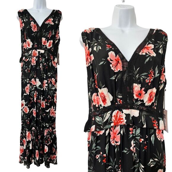 Ivanka Trump Floral Tiered Maxi Dress Size 16 Black Spring V Neck Church NEW - Picture 1 of 7